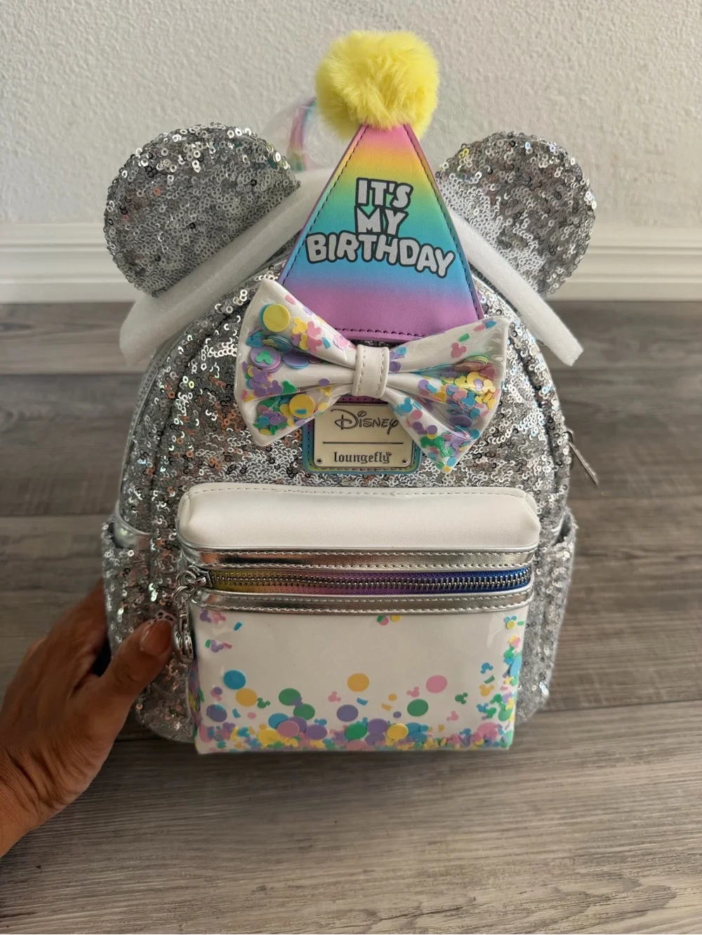 Loungefly 'It's My Birthday' Silver Sequin Mini Backpack NWT